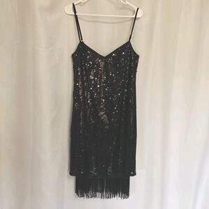 Susan Summers Women Size S Black Mini Dress Sequins Sparkly Fringes New Year